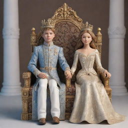 A 3D depiction of a young king and queen. Dressed in elaborate royal garments, they sit majestically on their thrones. Their youth and royalty are captured in exquisite, lifelike detail.