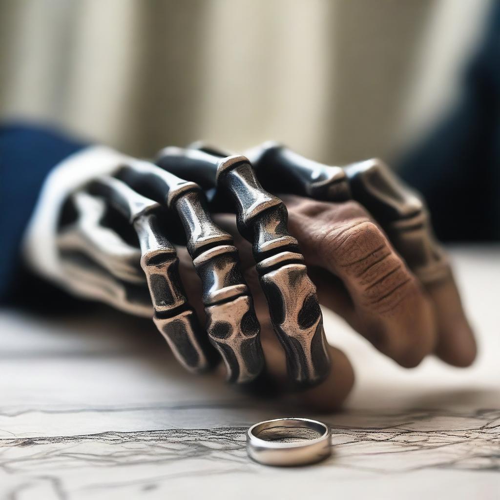 A detailed image of a skeleton hand holding a human hand, both wearing wedding rings