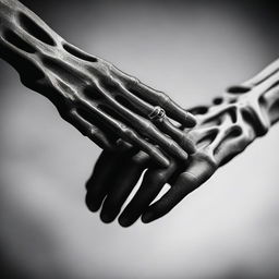 A detailed image of a skeleton hand holding a human hand, both wearing wedding rings