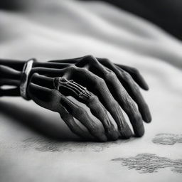 A detailed image of a skeleton hand holding a human hand, both wearing wedding rings