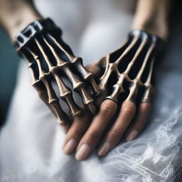 A detailed image of a skeleton hand holding a human hand, both wearing wedding rings