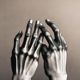 A detailed image of a right human hand with a wedding ring on the fourth finger, holding a right skeleton hand also with a wedding ring on the fourth finger