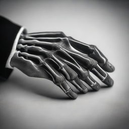 A detailed image of a right human hand with a wedding ring on the fourth finger, holding a right skeleton hand also with a wedding ring on the fourth finger