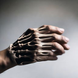 A detailed image of a right human hand with a wedding ring on the fourth finger, holding a right skeleton hand also with a wedding ring on the fourth finger