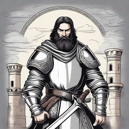 A medieval drawing style of a warrior with a black beard, a challenging look, and a large sword