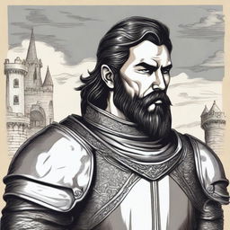 A medieval drawing style of a warrior with a black beard, a challenging look, and a large sword