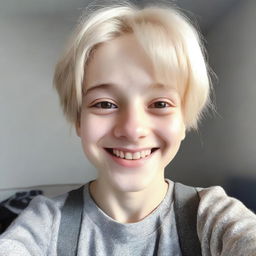 A selfie of a 13-year-old boy with Ukrainian appearance, featuring light-colored hair and fair skin