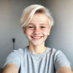 A selfie of a 13-year-old boy with Ukrainian appearance, featuring light-colored hair and fair skin