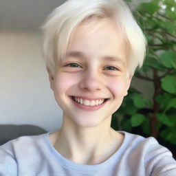 A selfie of a 13-year-old boy with Ukrainian appearance, featuring light-colored hair and fair skin