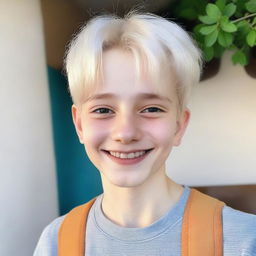 A selfie of a 13-year-old boy with Ukrainian appearance, featuring light-colored hair and fair skin