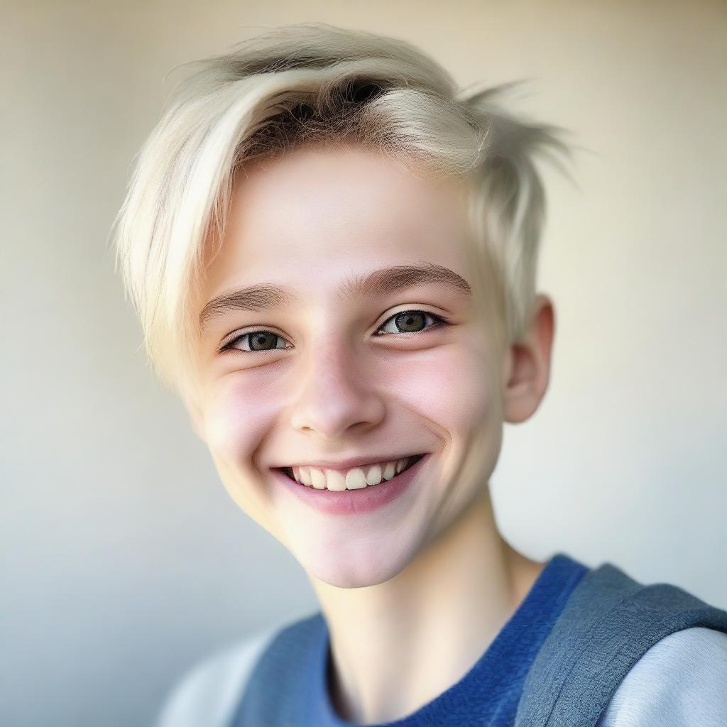 A selfie of a 13-year-old boy with Ukrainian appearance, featuring light-colored hair and fair skin