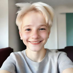 A selfie of a 13-year-old boy with Ukrainian appearance, featuring light-colored hair and fair skin