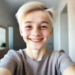 A selfie of a 13-year-old boy with Ukrainian appearance, featuring light-colored hair and fair skin