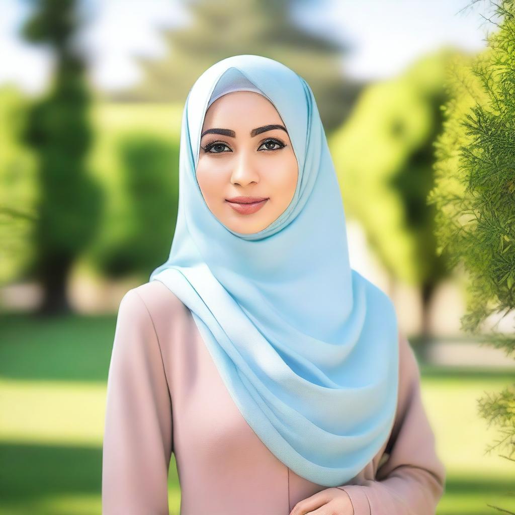 A beautiful woman wearing a hijab, standing in a serene outdoor setting