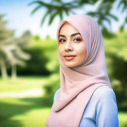 A beautiful woman wearing a hijab, standing in a serene outdoor setting