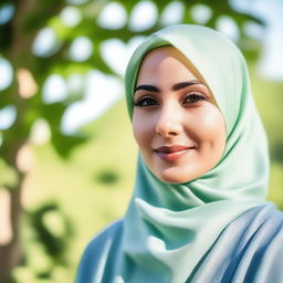 A beautiful woman wearing a hijab, standing in a serene outdoor setting