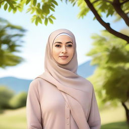 A beautiful woman wearing a hijab, standing in a serene outdoor setting