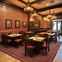 A vibrant and inviting Persian grill restaurant, showcasing traditional Persian decor, delicious kebabs, and colorful Persian rugs