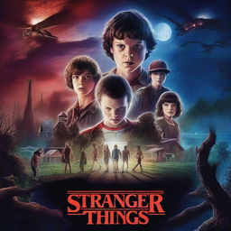 A movie poster for Stranger Things, featuring the main characters in a dramatic and mysterious setting