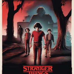 A movie poster for Stranger Things, featuring the main characters in a dramatic and mysterious setting