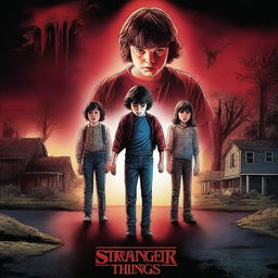 A movie poster for Stranger Things, featuring the main characters in a dramatic and mysterious setting