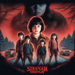 A movie poster for Stranger Things, featuring the main characters in a dramatic and mysterious setting