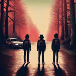 Create a cinematic poster for Stranger Things, showcasing the main characters in a dramatic and mysterious environment