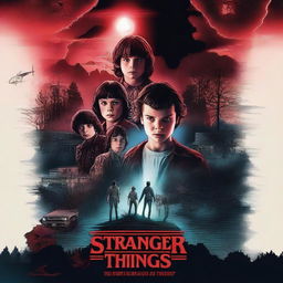 Create a cinematic poster for Stranger Things, showcasing the main characters in a dramatic and mysterious environment