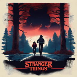 Create a cinematic poster for Stranger Things, showcasing the main characters in a dramatic and mysterious environment