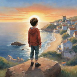 Illustrate a curious boy named Oliver situated in a small coastal town. Depict him on the highest hill, watching the sun dip below the horizon where the sea breeze carries tales of distant lands.