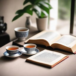 A serene scene featuring a book with Chinese tea cups beside it