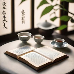 A serene scene featuring a book with Chinese tea cups beside it