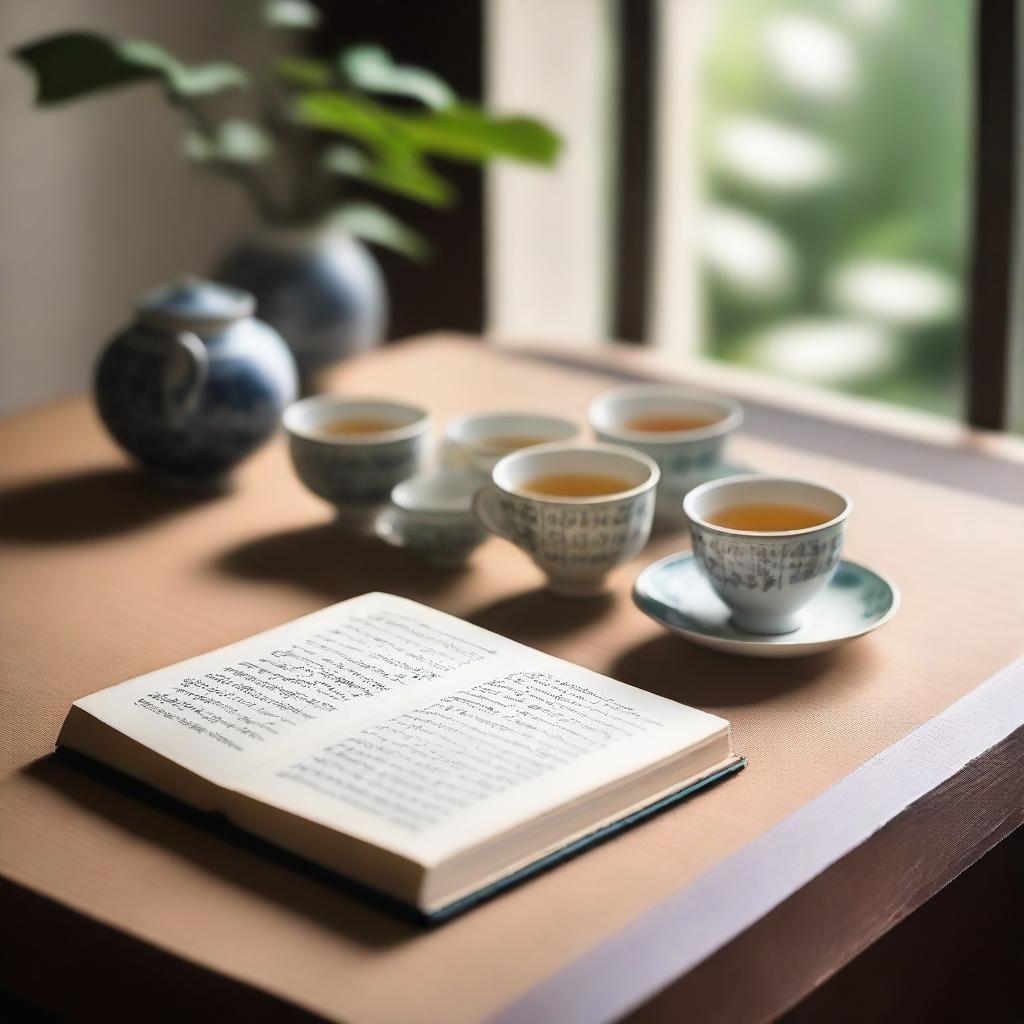 A serene scene featuring a book with Chinese tea cups beside it