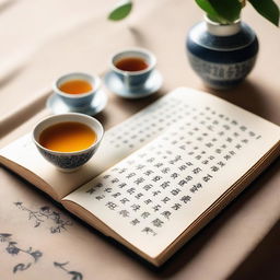 A serene scene featuring a book with Chinese tea cups beside it