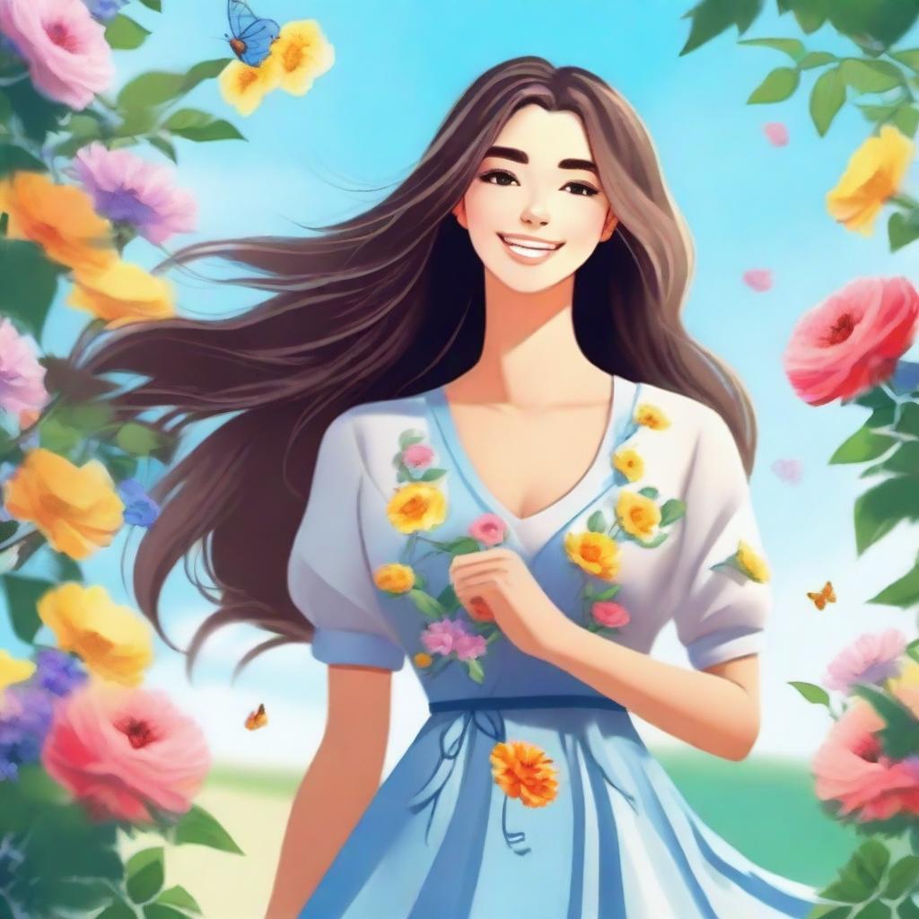 Create an image of a perfect girl with a friendly smile, long flowing hair, and a stylish outfit