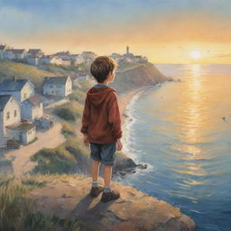 Illustrate a curious boy named Oliver situated in a small coastal town. Depict him on the highest hill, watching the sun dip below the horizon where the sea breeze carries tales of distant lands.