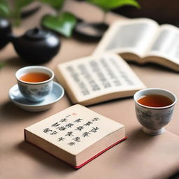 A serene scene featuring a book facing towards the front with Chinese tea cups beside it