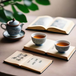 A serene scene featuring a book facing towards the front with Chinese tea cups beside it