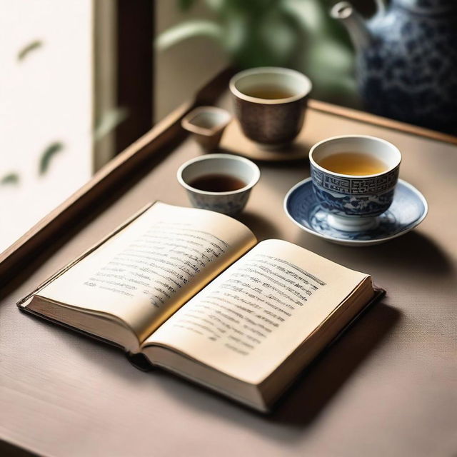 A serene scene featuring a book facing towards the front with Chinese tea cups beside it