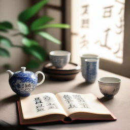 A serene scene featuring a book facing towards the front with Chinese tea cups beside it