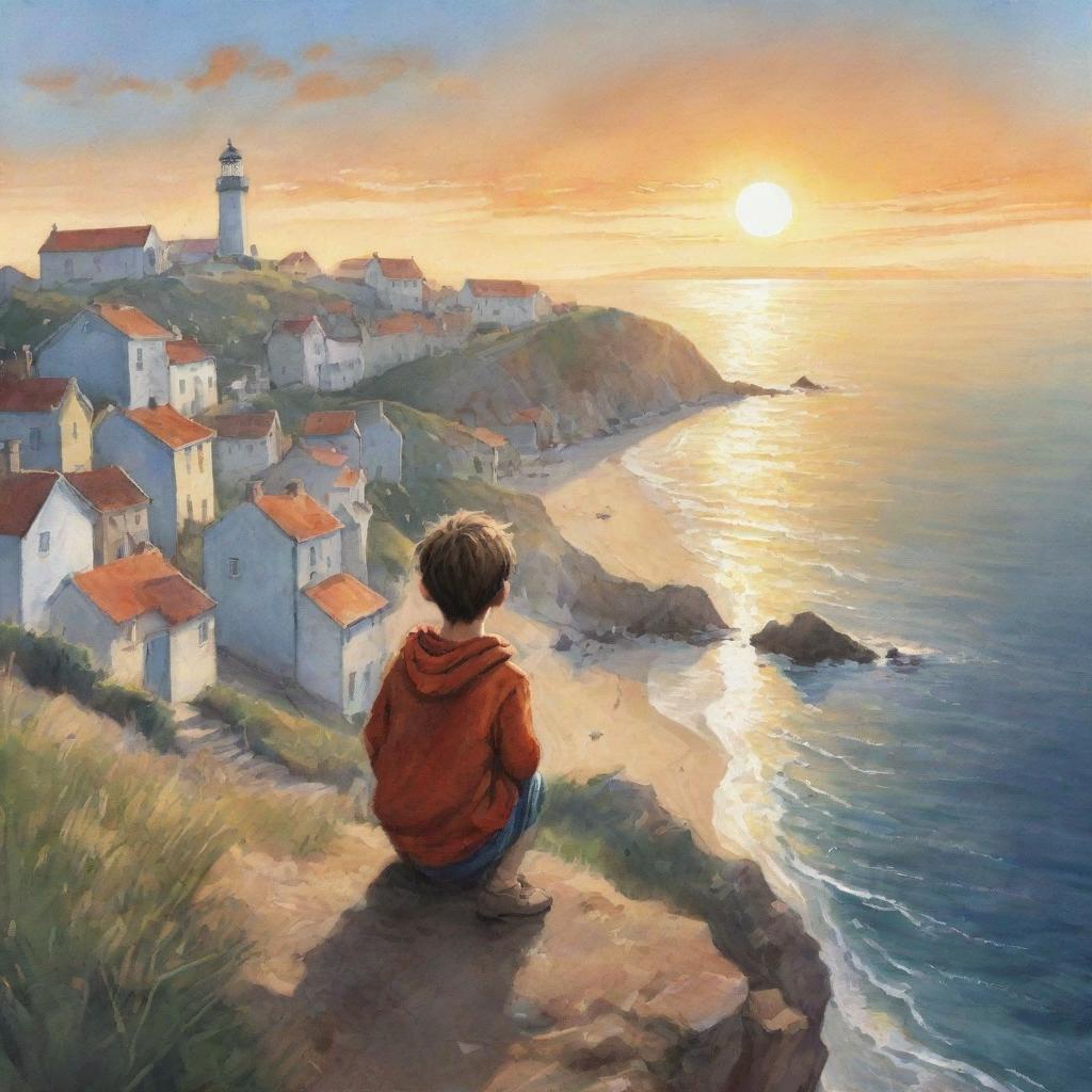 Illustrate a curious boy named Oliver situated in a small coastal town. Depict him on the highest hill, watching the sun dip below the horizon where the sea breeze carries tales of distant lands.