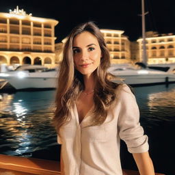 A girl with long brown hair taking a selfie at night in Monaco, standing beside a boat