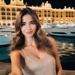 A girl with long brown hair taking a selfie at night in Monaco, standing beside a boat