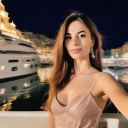 A girl with long brown hair taking a selfie at night in Monaco, standing beside a boat