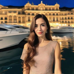 A girl with long brown hair taking a selfie at night in Monaco, standing beside a boat