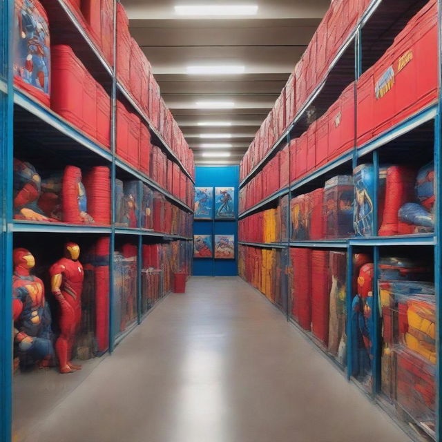 A bustling self-storage facility where various superheroes are seen storing their gear and gadgets