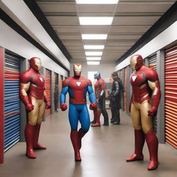 A bustling self-storage facility where various superheroes are seen storing their gear and gadgets