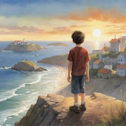 Illustrate a curious boy named Oliver situated in a small coastal town. Depict him on the highest hill, watching the sun dip below the horizon where the sea breeze carries tales of distant lands.