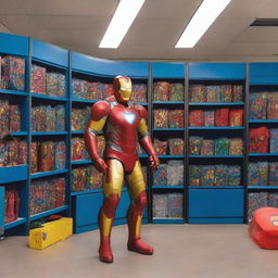 A bustling self-storage facility where various superheroes are seen storing their gear and gadgets