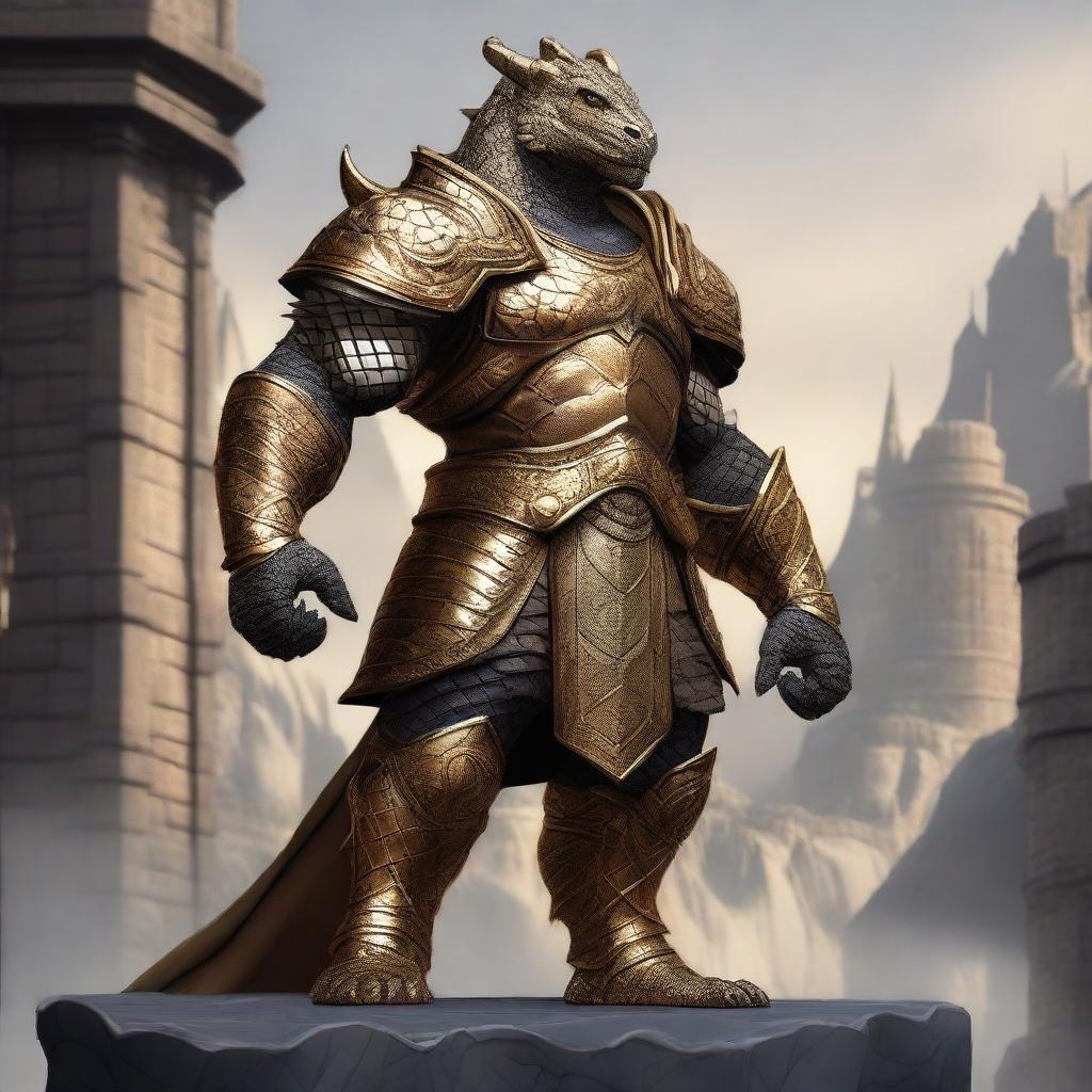 A majestic male Dragonborn with gold scales, standing tall and proud